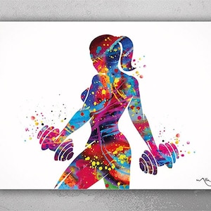 Fitness Girl Watercolor Print Fit Girl Mom Female Woman Dumbbells Wall Art Decor Gym Weight Lifting Sport Bodybuilding Weight Training-2258