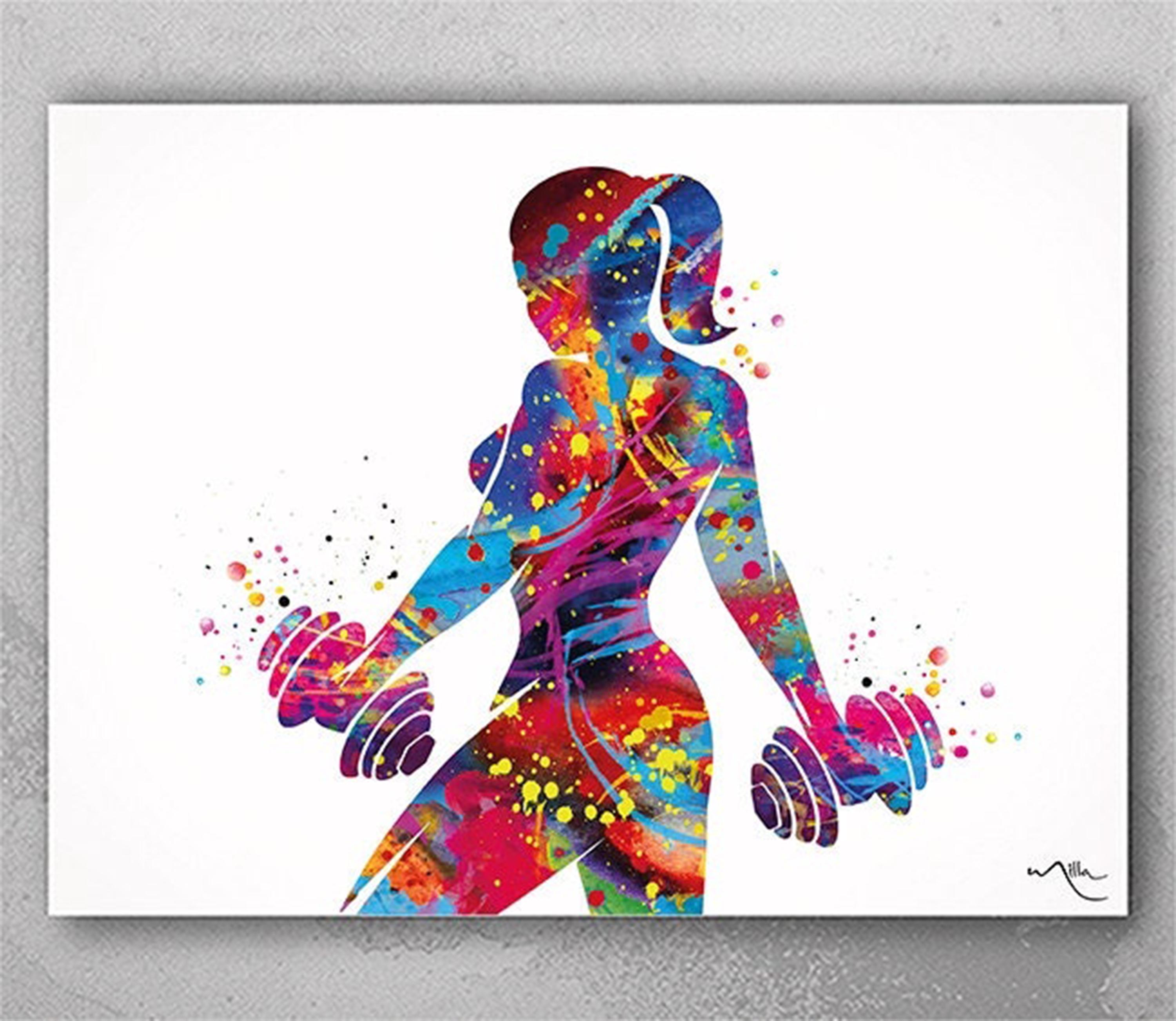 Fitness Girl Watercolor Print Fit Girl Mom Female Woman Dumbbells Wall Art Decor Gym Weight Lifting Sport Bodybuilding Weight Training-2258