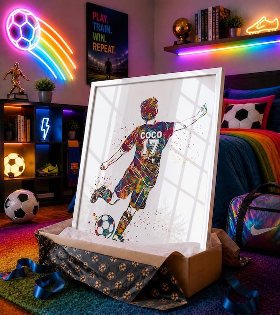 Personalized Soccer Player Watercolor Print, Boys Room Decor-2693