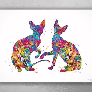 Sphynx Cat Couple Watercolor Print Cat Lover Home Decor Kitty Love Housewarming Gift Pet Loss Gift Hairless Cat Devon Rex Gift Wall Art-291