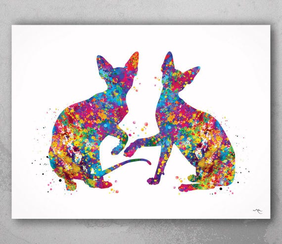 Sphynx Cat Couple Watercolor Print, Hairless Cat Art-291