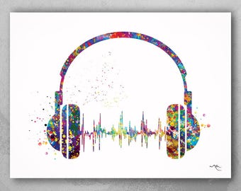 May include: A colorful watercolor painting of headphones with a sound wave graphic. The headphones are painted in shades of blue, green, purple, pink, and yellow. The sound wave is painted in shades of blue, green, and yellow.