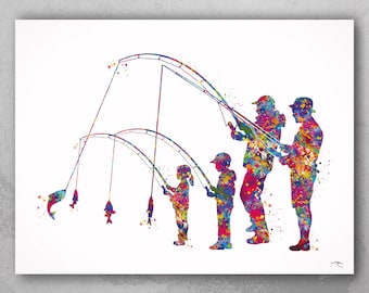 Grandfather Granddaughter Grandson Grandkids Fishing Watercolor Print Fishing Poster Father Day Fishing Art Gift Wall Art Nursery Decor-2232