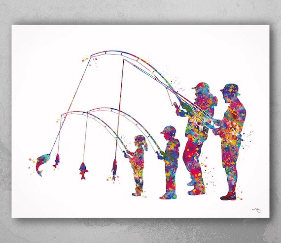 Family Fishing Watercolor Print, Father's Day Art-2232