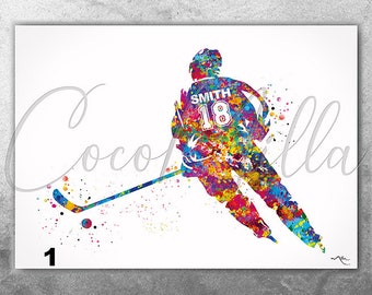 Hockey Player Male Man Boy Personalized Watercolor Print Ice Hockey Sports Boy Teen Room Decor Personalized Gift Customize Wall Art -2592