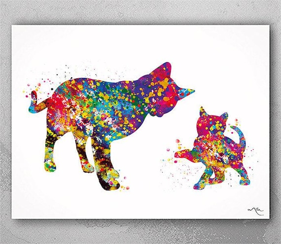 Cat & Kitten Watercolor Art Print: Animal Nursery Wall Decor-111