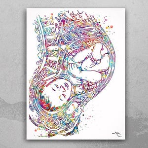 Pregnancy Watercolor Print Womb Pregnancy Anatomy Gynecology Obstetrician Nursing Midwife Baby Fetus Medical Art Clinic Doctor Gift-1096