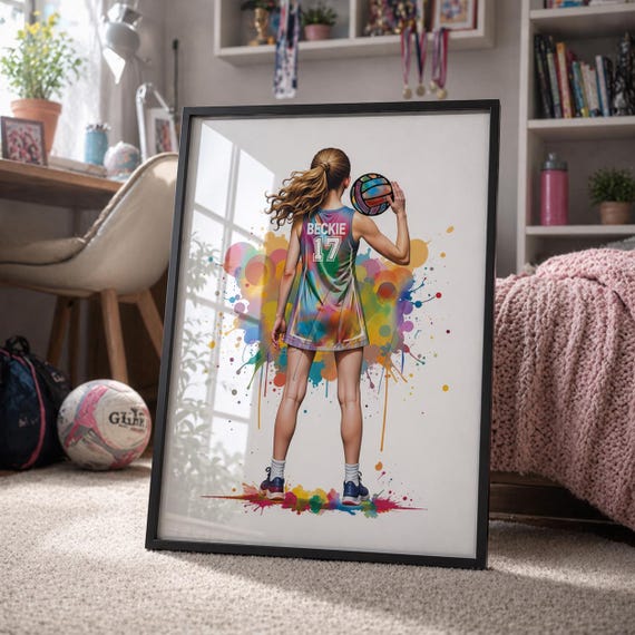 Personalized Netball Player Girl Watercolor Print, Team Gift-3027