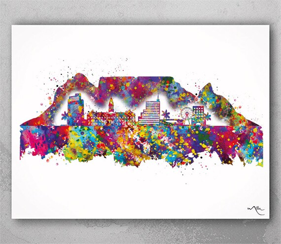 Cape Town Skyline Watercolor Print, South Africa Travel Art-2019