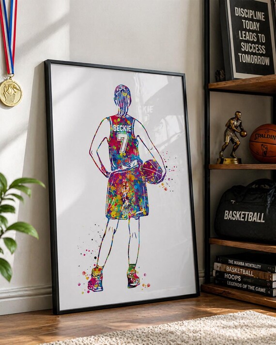 Personalized Basketball Player Watercolor Print, Teen Girl Room Decor-2398