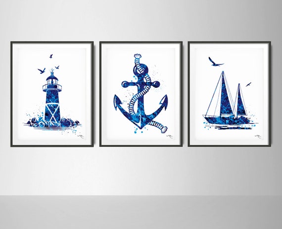Coastal Decor Navy Blue Watercolor Print Set of 3 Summer Decor | Etsy