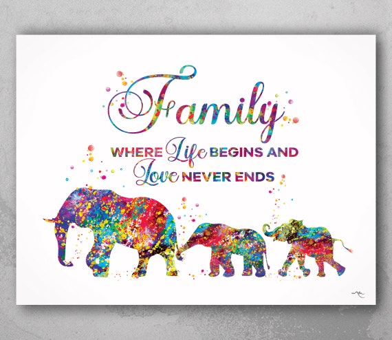 Elephant Family Watercolor Print, Love Quote Wall Art-1210