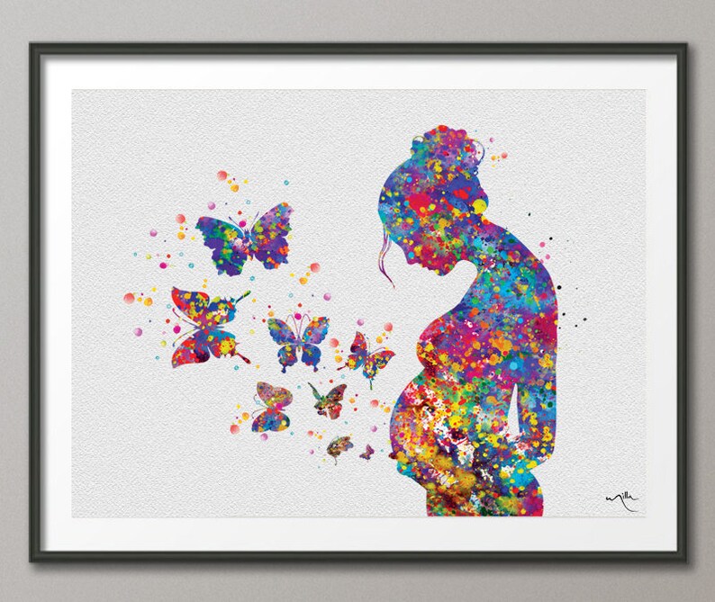 Pregnant Woman Butterflies Watercolor Print Pregnancy Gift image 0