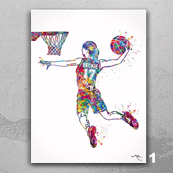 Personelized Female Basketball Player Watercolor Print Gift Girl Basketball Women Teen Room Decor Poster Sport Customize Gift Wall Art-2608