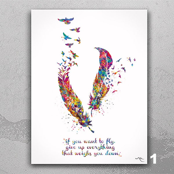 Birds Feather Quote Watercolour Print Motivational Quotes Inspirational Quotes Inspiring Quotes Teal Feather to Birds Housewarming Gift-880