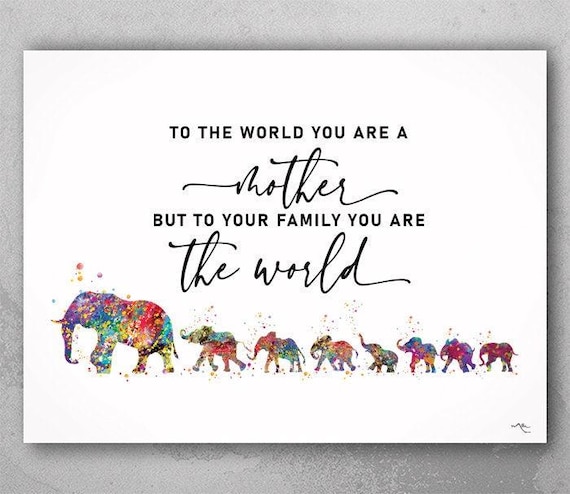 Elephant Family Watercolor Print: Mother & Seven Kids, Home Decor-2400