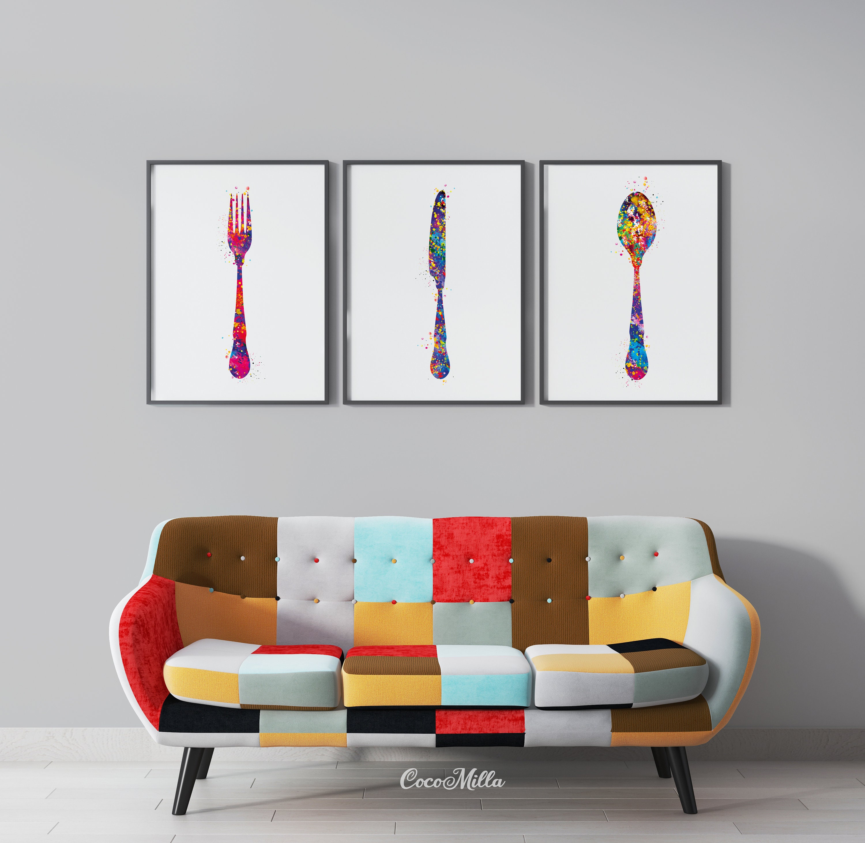 set of 8 kitchen prints, coffee print set, fork spoon... Kitchen Art Watercolor Print Fork Spoon Knife Set of 3 Kitchen | Etsy