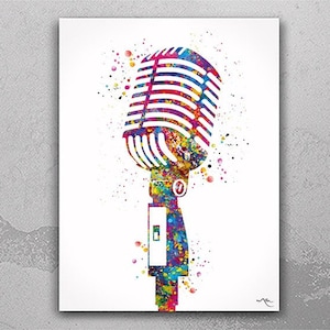 Microphone Watercolor Print Music Art Wall Art Vintage Poster Room Decor Gift DJ Gift Teen Room Bedroom Musical Decor Art Music Studio-2549