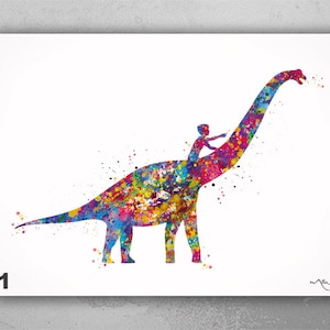 Dinosaur Rider Boy Watercolor Print Little Boy and Brachiosaurus Gift Birthday Boys Room Bedroom Decor Wall Art Nursery Wall Hanging-2433