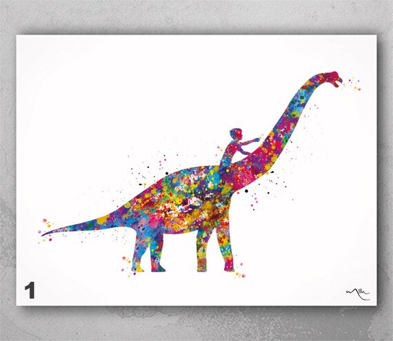 Dinosaur Watercolor Print: Brachiosaurus and Boy, Nursery Wall Art-2433