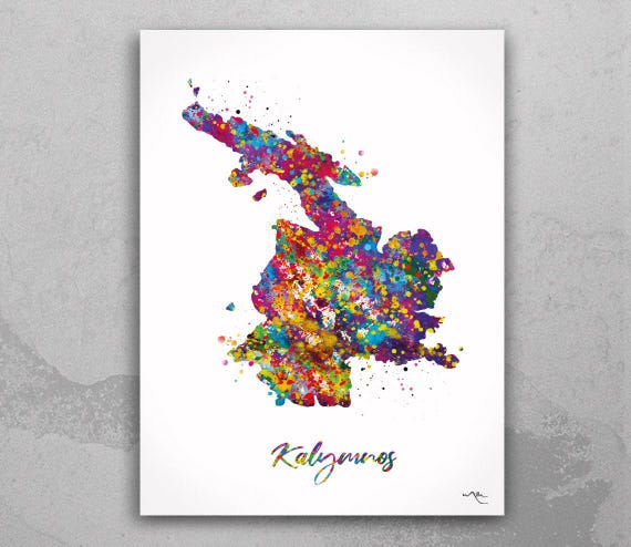 Kalymnos Greece Map Art Print, Watercolor Island Decor-2278