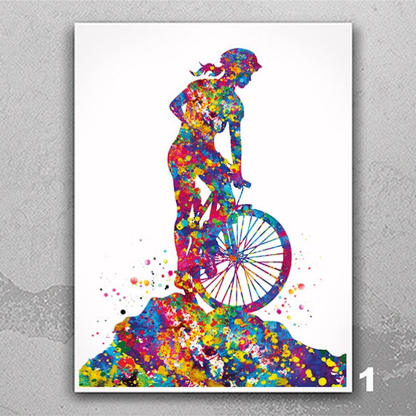 Mountain Biker Girl Watercolor Print Dirt Bike Woman Mountain Biking Female Stunt Racing Road Bicycling Road Bike MTB Cycling Wall Art-592