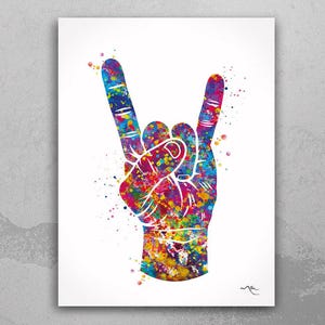 Rock And Roll Hand Sign Watercolor Print Music Wall Art Poster House Party Rock Hand Sign Rocknroll Rock N Roll Wall Art Wall Hanging-2057