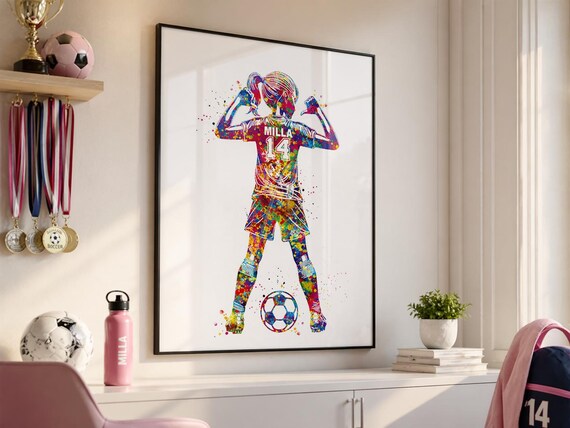 Personalized Soccer Girl Watercolor Print, Custom Football Gift-2775