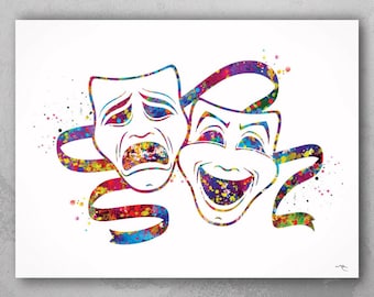 Comedy Tragedy Masks Watercolor Print, Theater Wall Art-1425