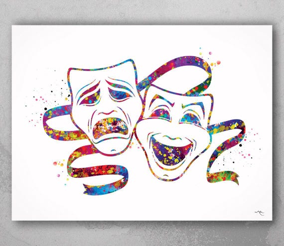 Comedy Tragedy Masks Watercolor Print, Theater Wall Art-1425