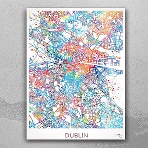 Dublin City Map Print Watercolor Art Print Wall Art Ireland Street Map Travel Housewarming Gift Hpme Decor Wall Hanging Map of Dublin-807
