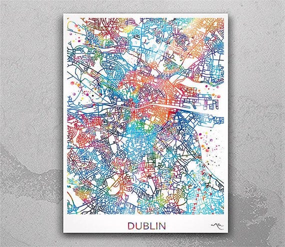 Dublin City Map Art Print, Watercolor Style, Ireland Travel Gift-807