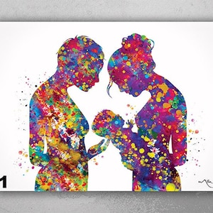 Two Moms Watercolor Print Same Sex New Moms LGBT Family Love Wins Wedding Gift Wall Art Gay Lesbian Gift Art Home Decor Mrs and Mrs-1907