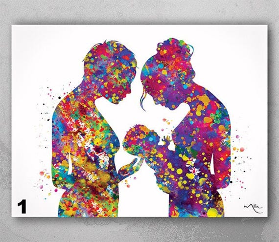Two Moms Watercolor Print: LGBT Family Art, Home Decor-1907