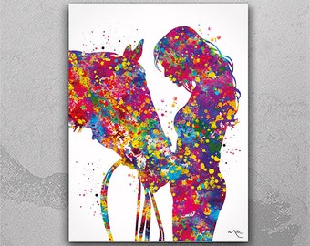 Girl and Horse Watercolor Print - Equestrian Wall Art-630