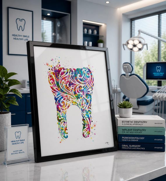 Floral Tooth Watercolor Print, Dental Office Art-693