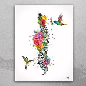 Spine Flowers and Birds Watercolor Print Spine Anatomy Medical Art Chiropractor Neurology Neurologist Physical Therapy Clinic Office-1359