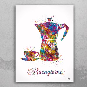 Buongiorno Moka Pot Watercolor Print, Italian Coffee Art-2202 image 1