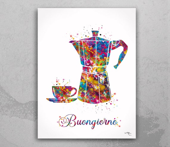 Buongiorno Moka Pot Watercolor Print, Italian Coffee Art-2202