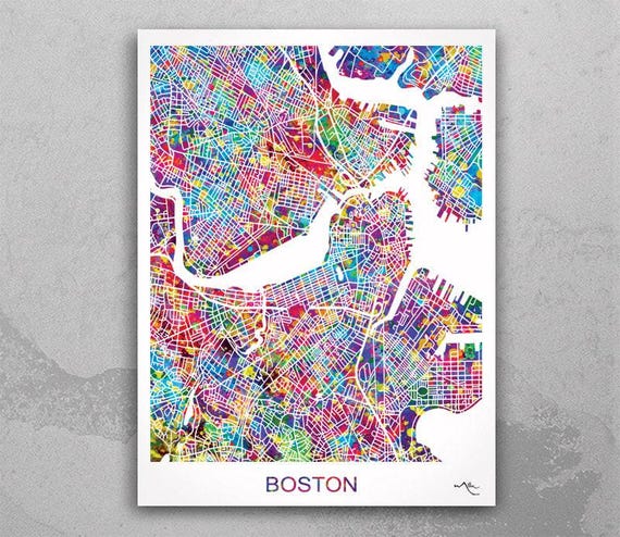 Boston Map, Boston Watercolor Print, Boston Street Map, Travel Decor, Map Art, Wall Hanging,  Massachusetts Street Map, Boston Print-890