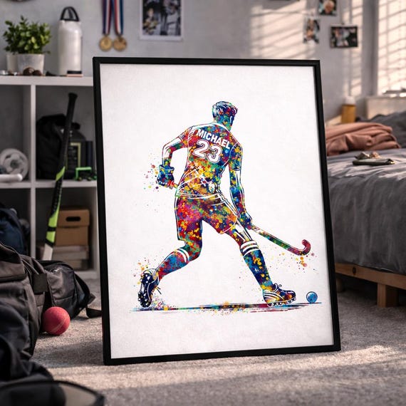 Personalized Field Hockey Player Watercolor Print, Boy's Room Decor-2915