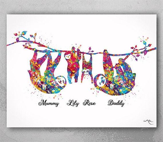 Sloth Family Watercolor Print, Kids Nursery Wall Art-2214