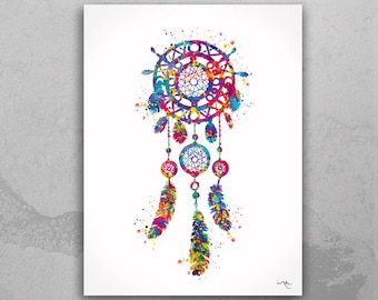 Watercolor Dreamcatcher Art Print, Indie Boho Wall Decor-594