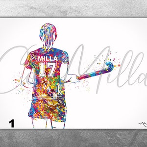 Field Hockey Player Women Girl Female Personalized Watercolor Print Sports Girl Teen Room Decor Personalized Gift Customize Wall Art-2387 image 1