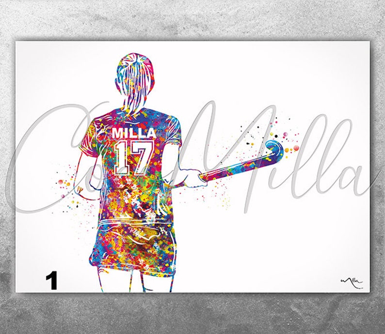Field Hockey Player Women Girl Female Personalized Watercolor Print Sports Girl Teen Room Decor Personalized Gift Customize Wall Art-2387 image 1