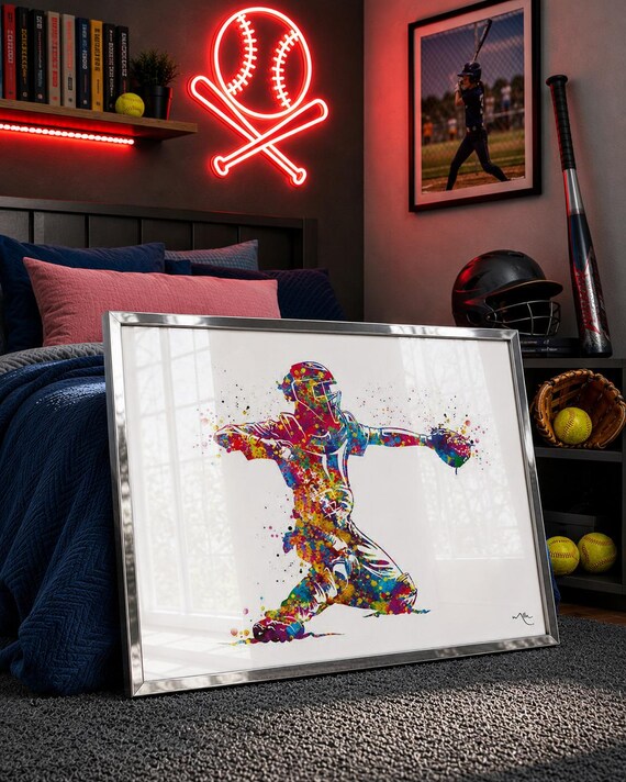 Watercolor Baseball Catcher Print: Sports Room Wall Art-2761