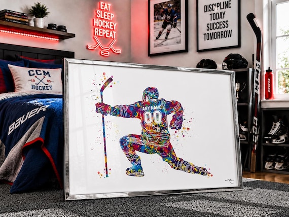 Personalized Male Hockey Player Watercolor Print – Boy's Room Sports Decor