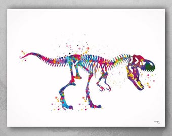 Watercolor T-Rex Skeleton Print, Dinosaur Nursery Art-1125