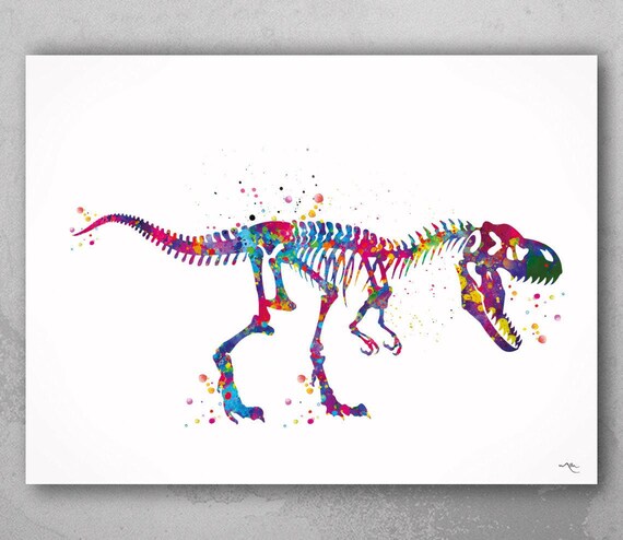 Watercolor T-Rex Skeleton Print, Dinosaur Nursery Art-1125