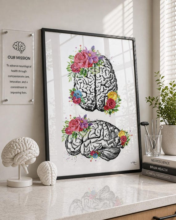 Brain Floral Watercolor Print: Neurology Art, Doctor Gift-1352